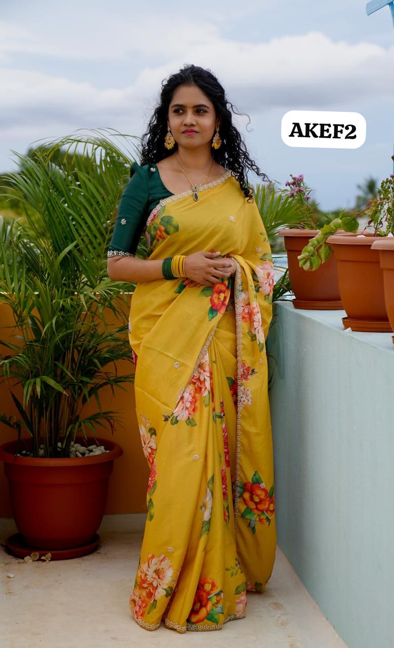 Chinnon digital printed sarees with pearl work and cutwork border. 🥳✅