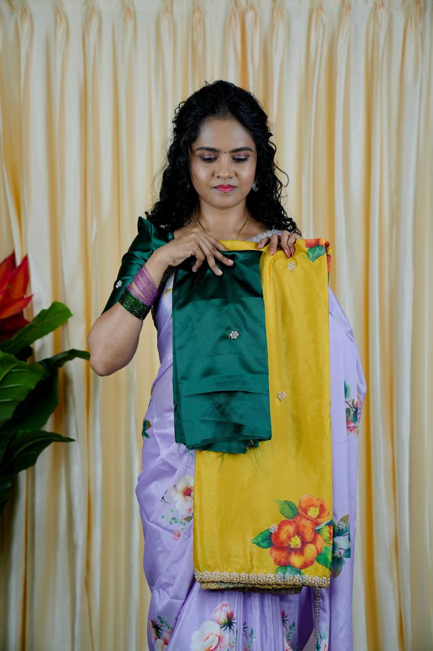 Chinnon digital printed sarees with pearl work and cutwork border. 🥳✅