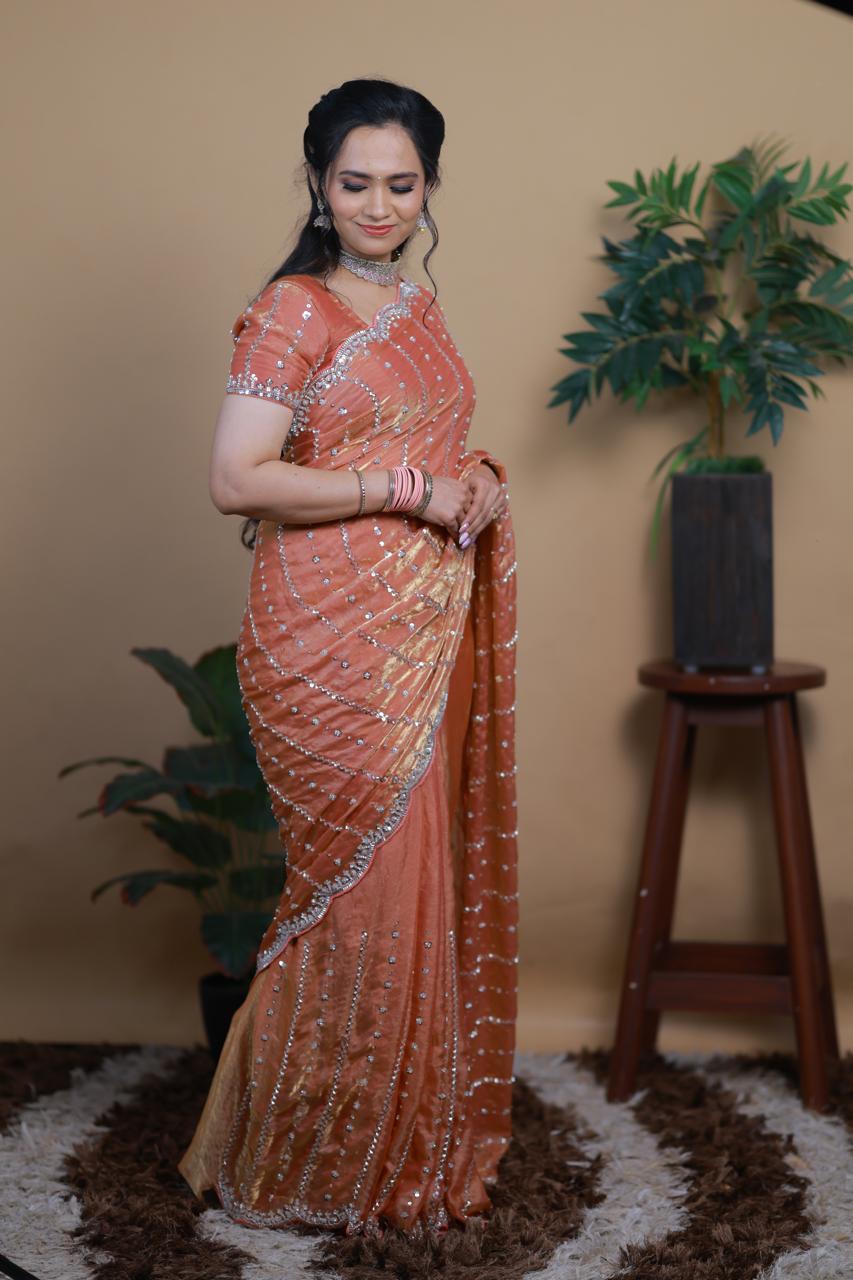 Heavy premium space silk sarees with katdana beads work 🥳✅