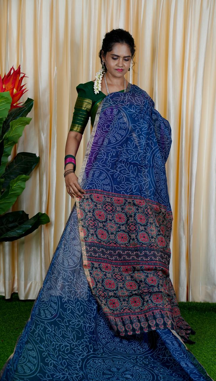 Jute linen sarees With kalamkari style blouse🥰🥳✅