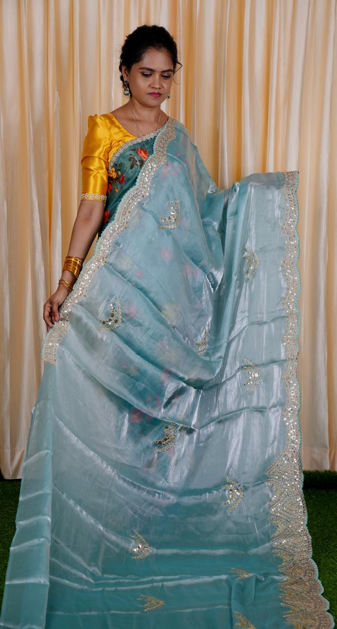 Space silk tissue sarees with heavy embroidery chumky work blouse unstitched🍄🥳