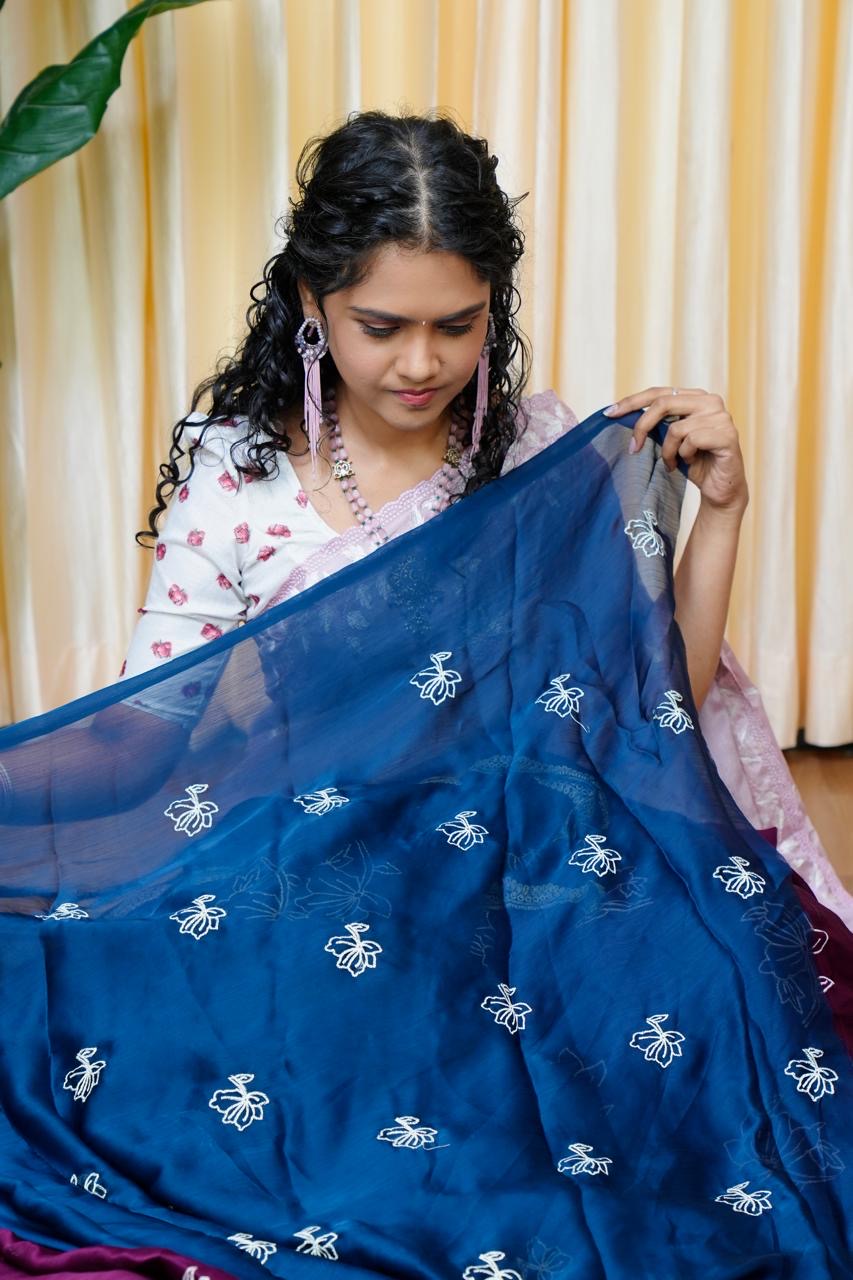 Satin Chiffon White Flower Saree Teal Blue 🥰😎🥳