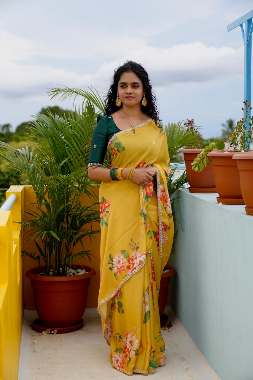Chinnon digital printed sarees with pearl work and cutwork border. 🥳✅