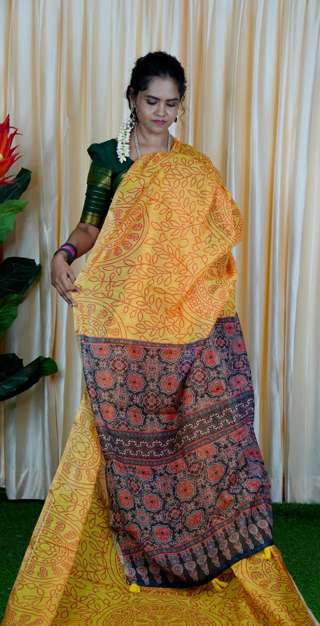 Jute linen sarees With kalamkari style blouse🥳✅