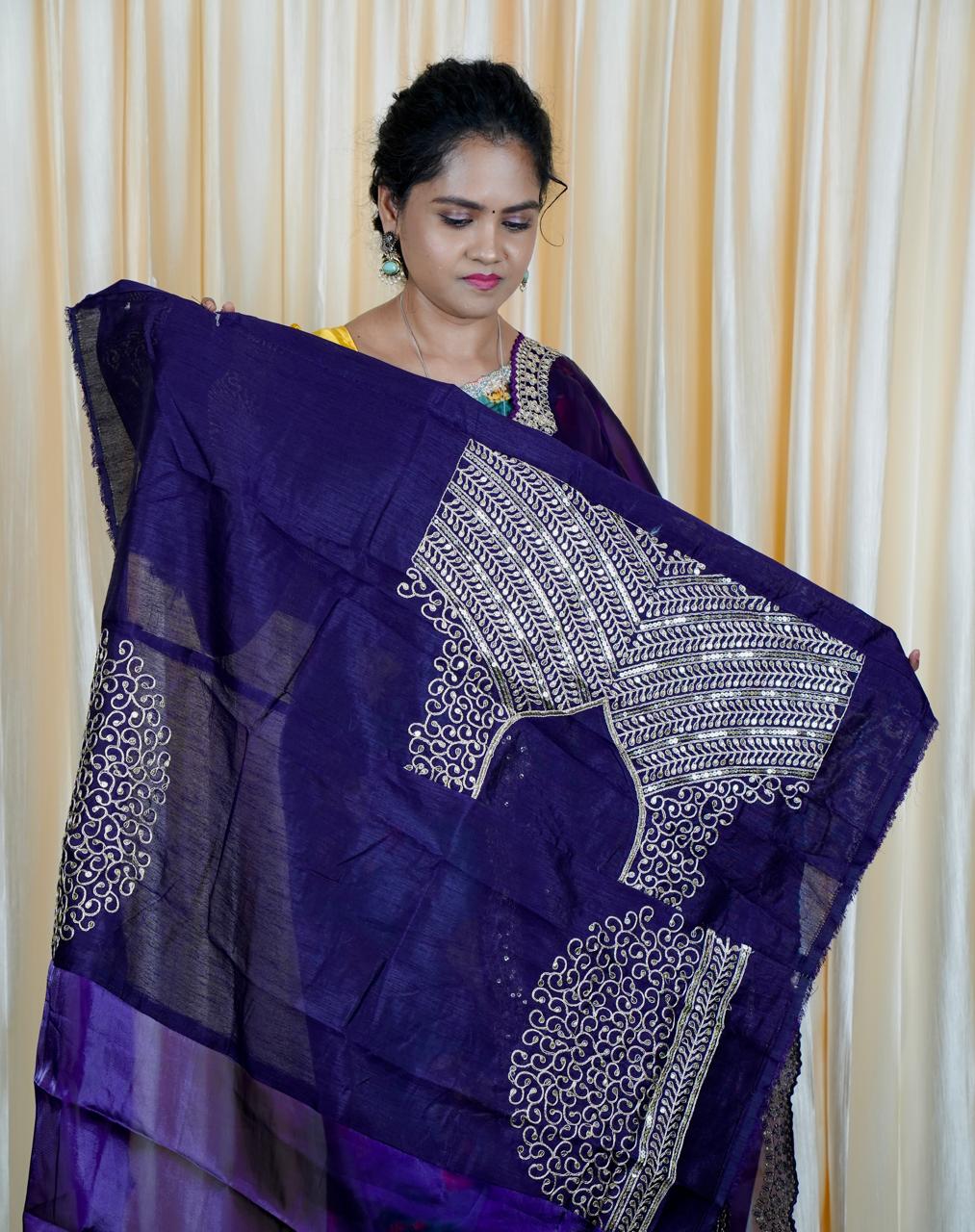 Space silk tissue sarees with heavy embroidery chumky work blouse unstitched🥳
