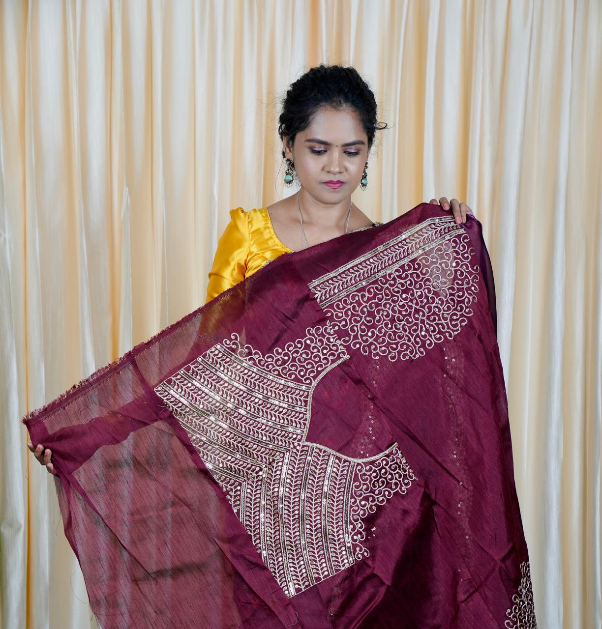 Space silk tissue sarees with heavy embroidery chumky work blouse unstitched🥰🥳✅