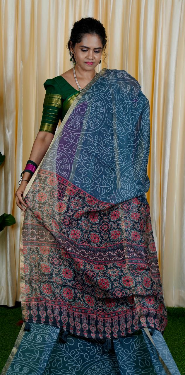Jute linen sarees With kalamkari style blouse🥰🥳✅