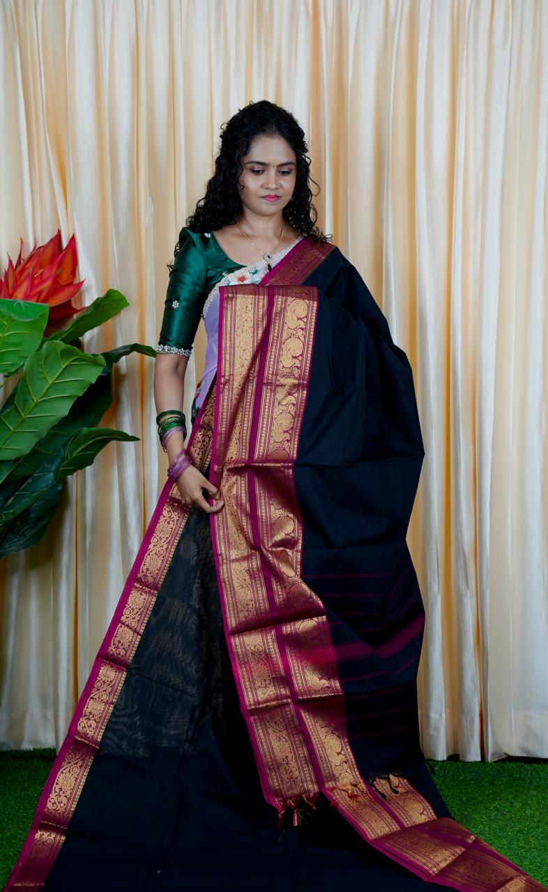 Premium Kanchi cotton saree 🥰😎 black with pink