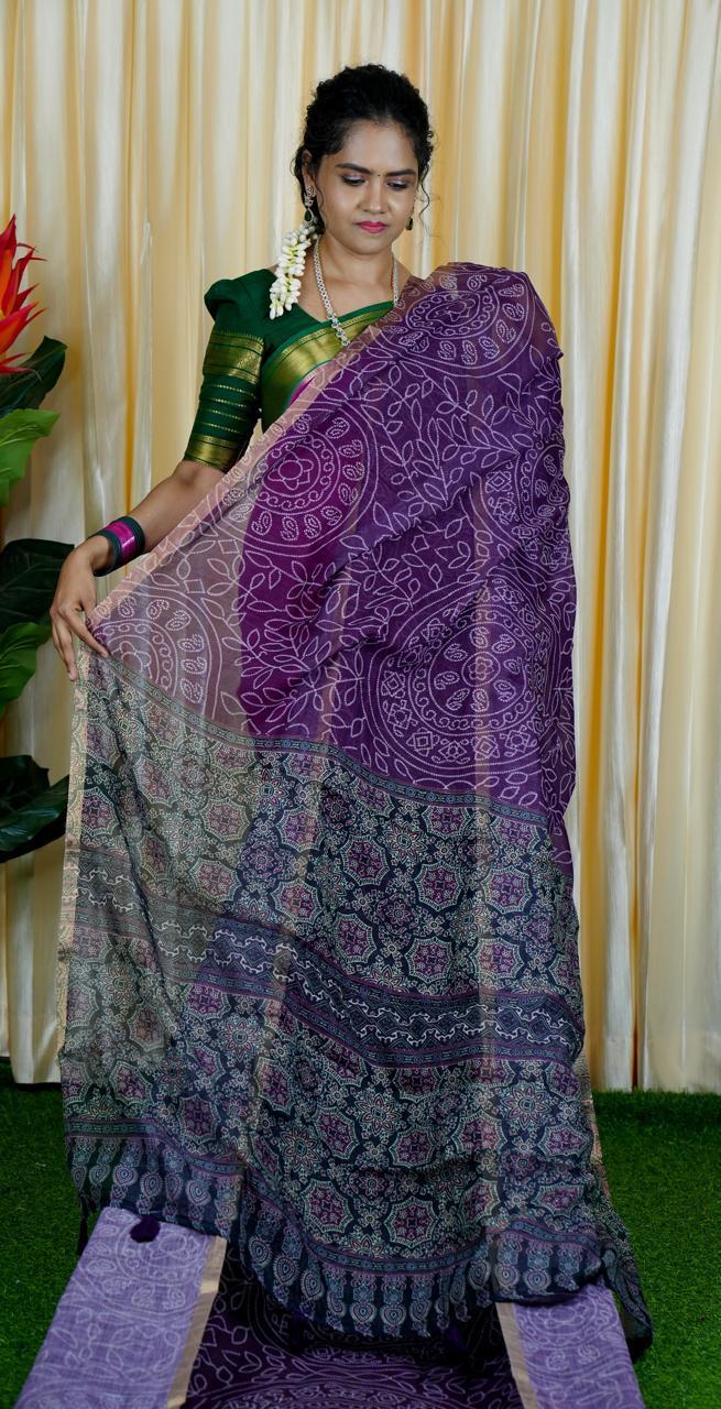 Jute linen sarees With kalamkari style blouse🥰🥳✅