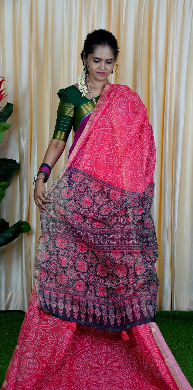 Jute linen sarees With kalamkari style blouse🥳✅