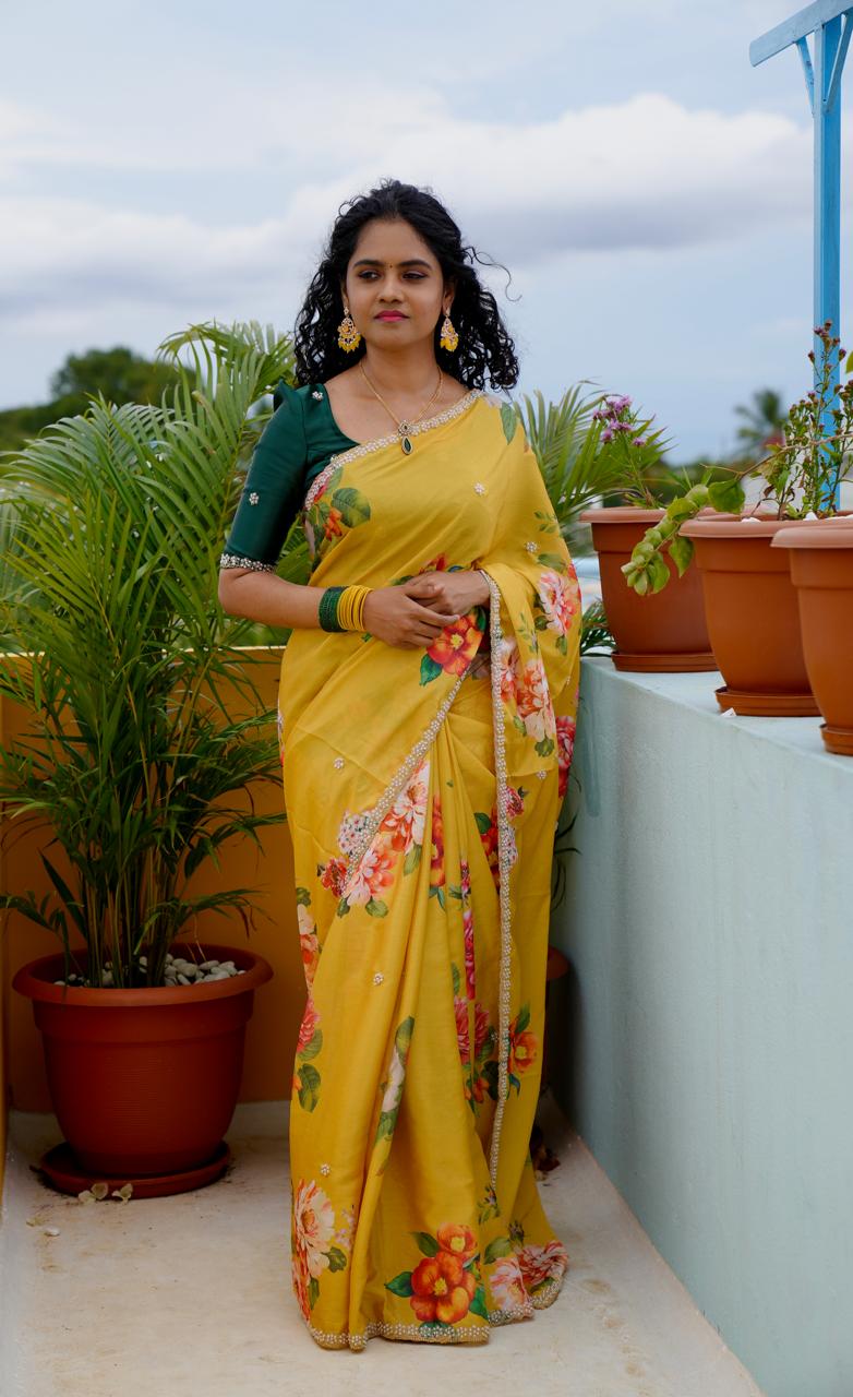 Chinnon digital printed sarees with pearl work and cutwork border. 🥳✅