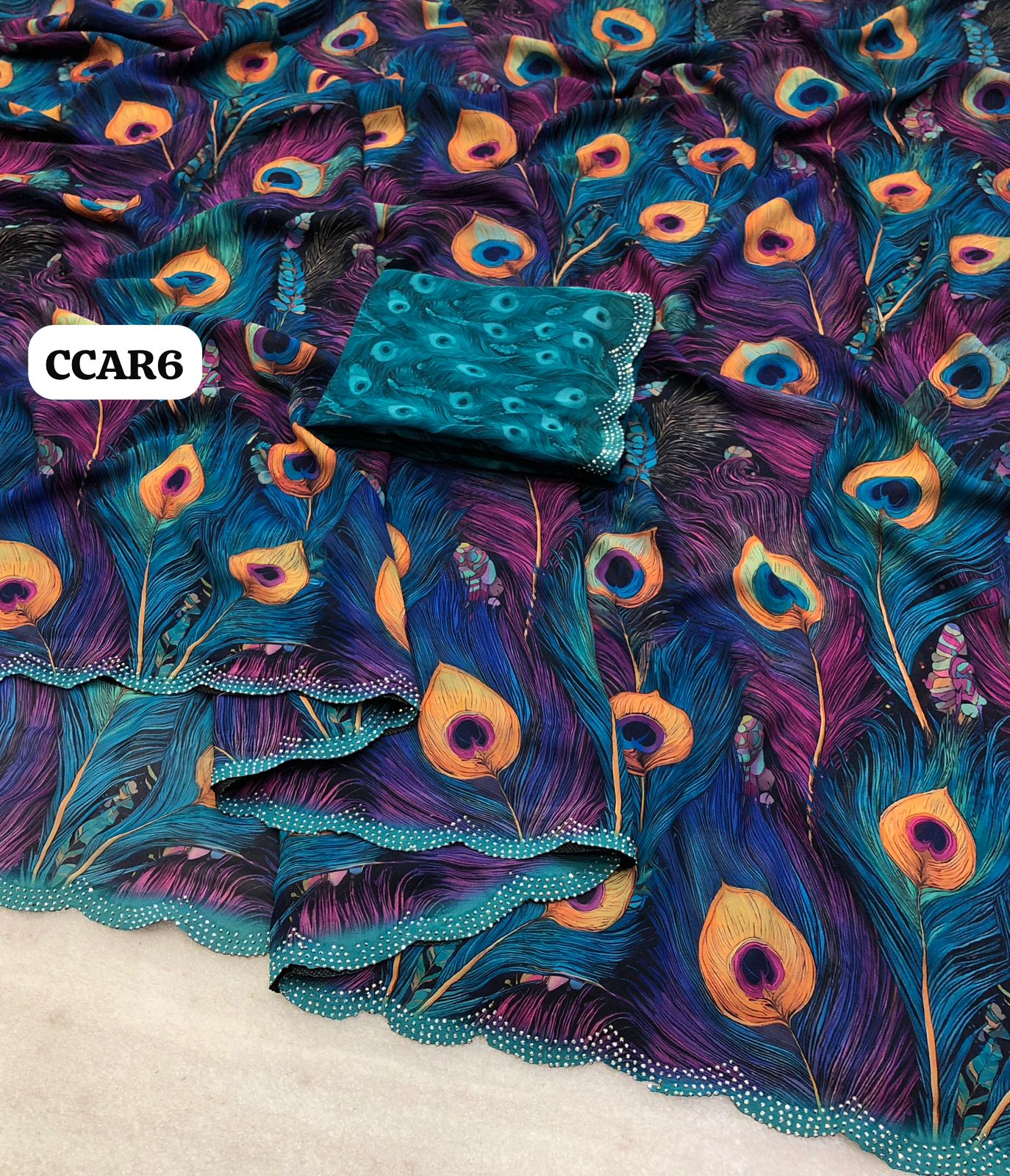 Fabric details - Soft & Smooth Weightless Chiffon Peacock Feathers Digital Print With Siroski Work Border
Blouse - Printed Blouse🥳