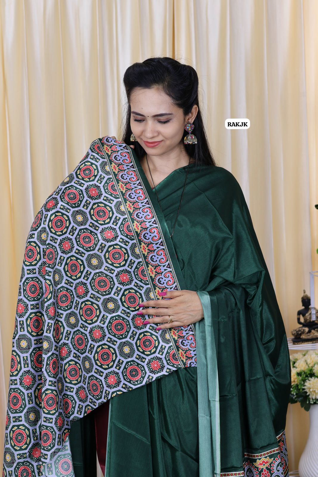 Most trending ajrak print chinnon .semi silk saree 🥳