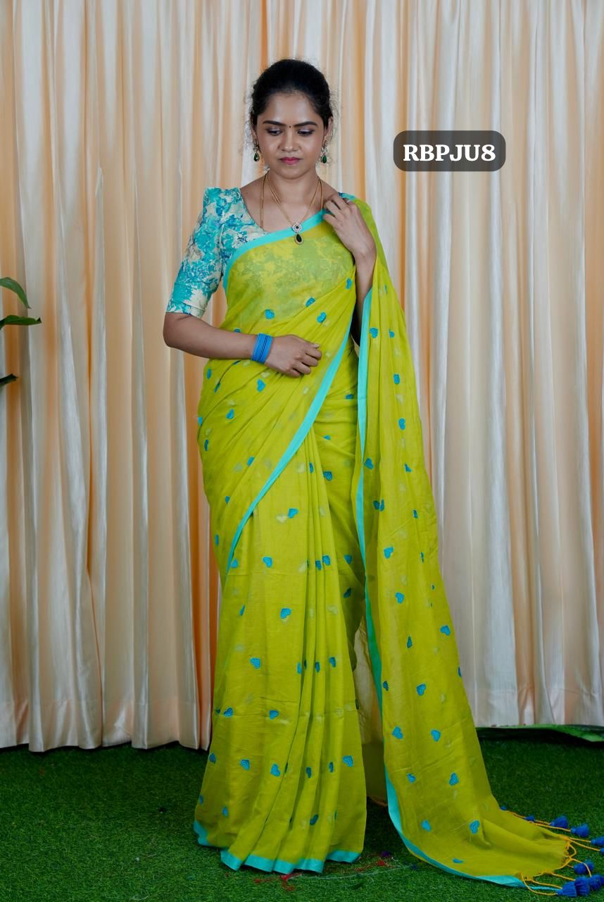 Premium quality Soft mul mul cotton saree with heart embroidery🥳✅