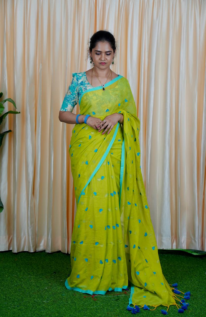 Premium quality Soft mul mul cotton saree with heart embroidery🥳✅