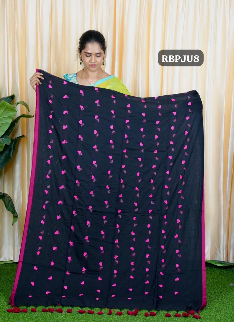 Premium quality Soft mul mul cotton saree with heart embroidery🥳✅