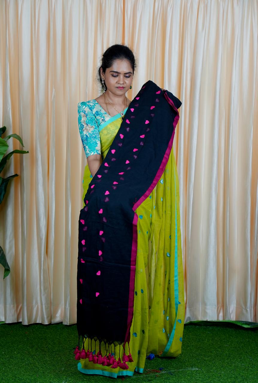 Premium quality Soft mul mul cotton saree with heart embroidery🥳✅