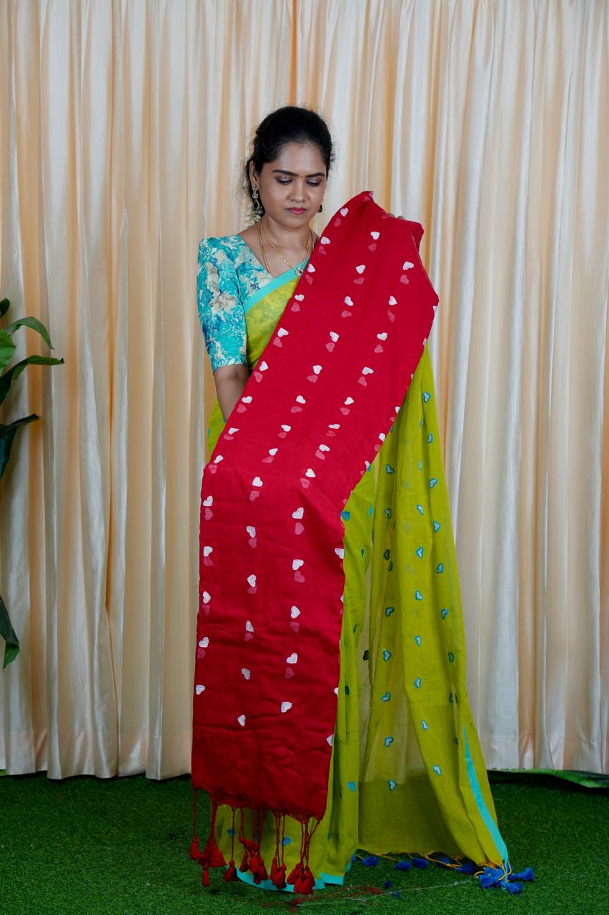 Premium quality Soft mul mul cotton saree with heart embroidery🥳✅