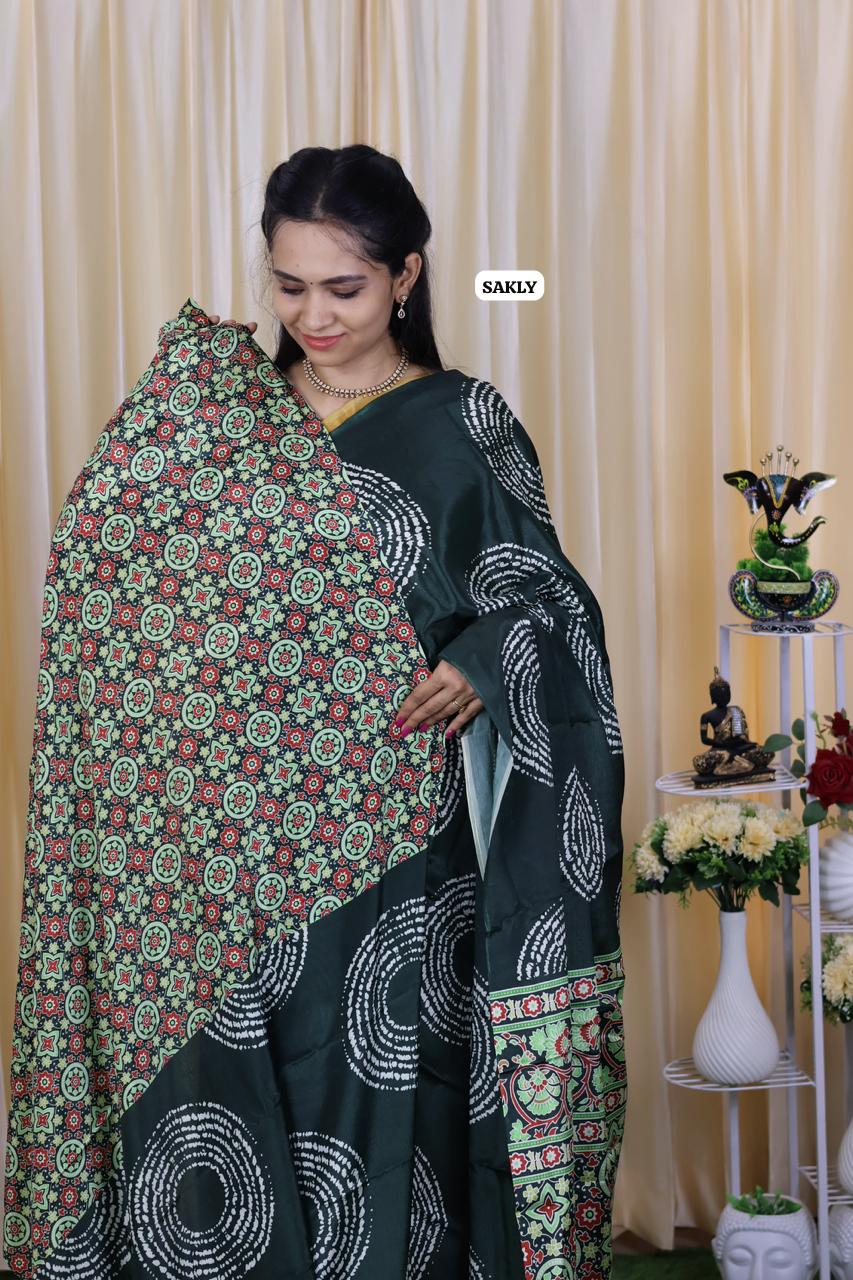 Ajrakh print saree .satin silk 🥳