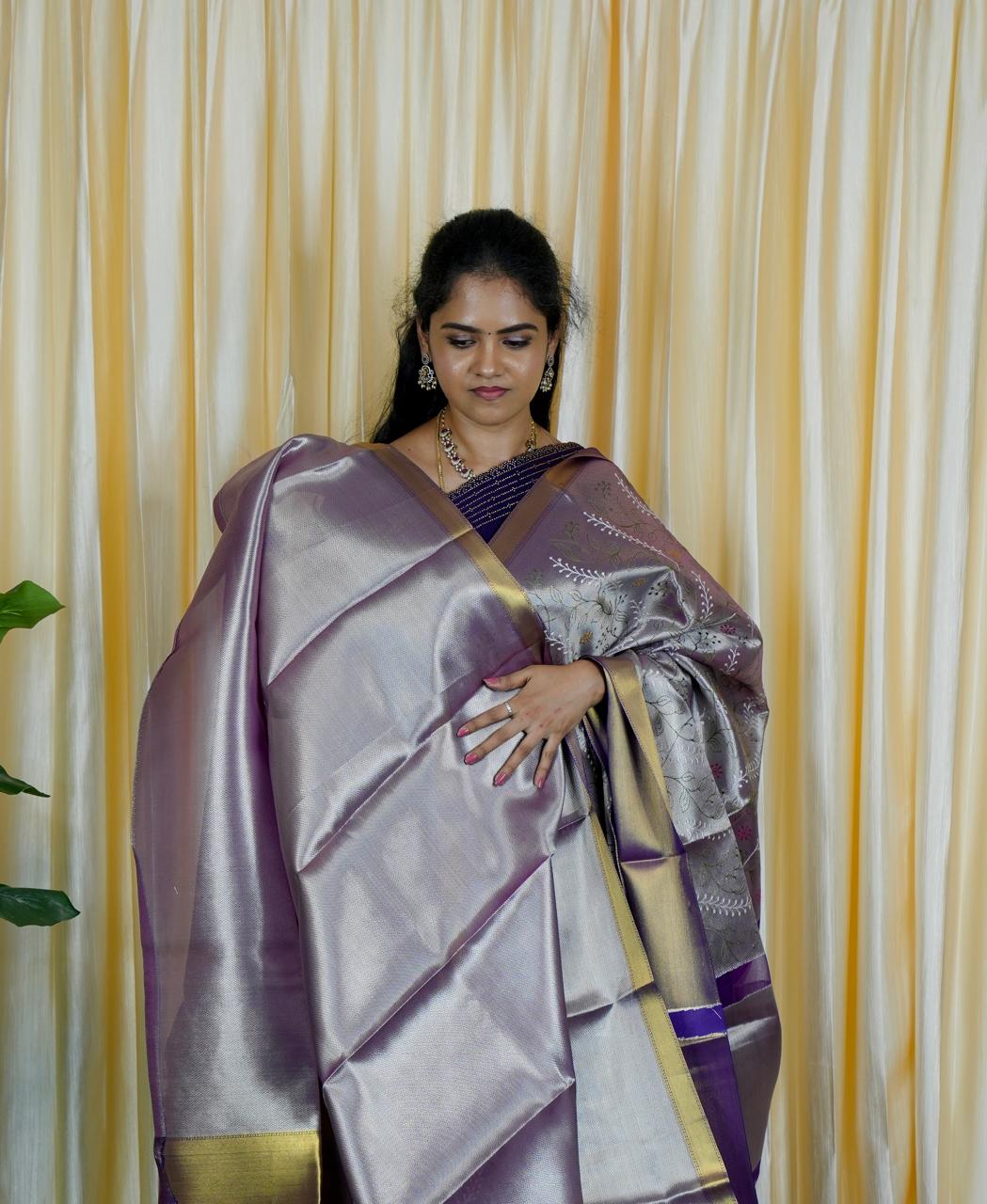 Tissue saree. with embroidery🥰🥳