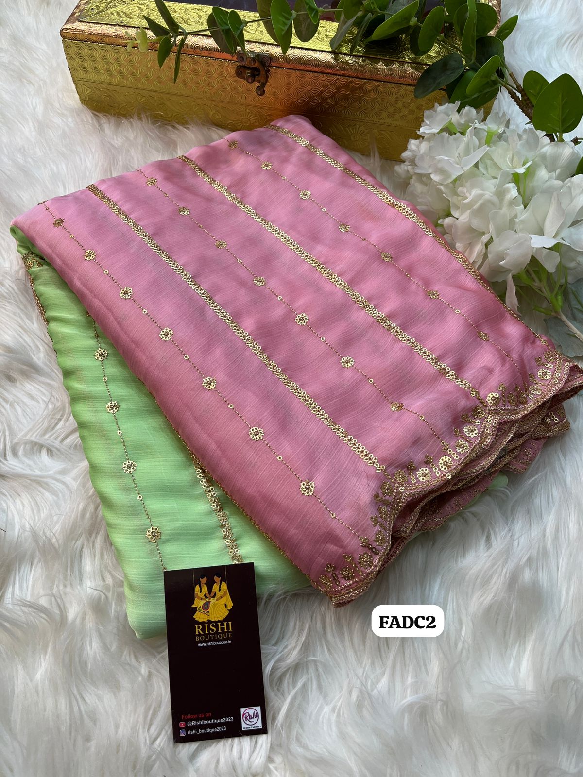 Satin chiffon dual colour shaded saree with embroidery & sequence work with scalloped cutwork embroidered border and running blouse🥳