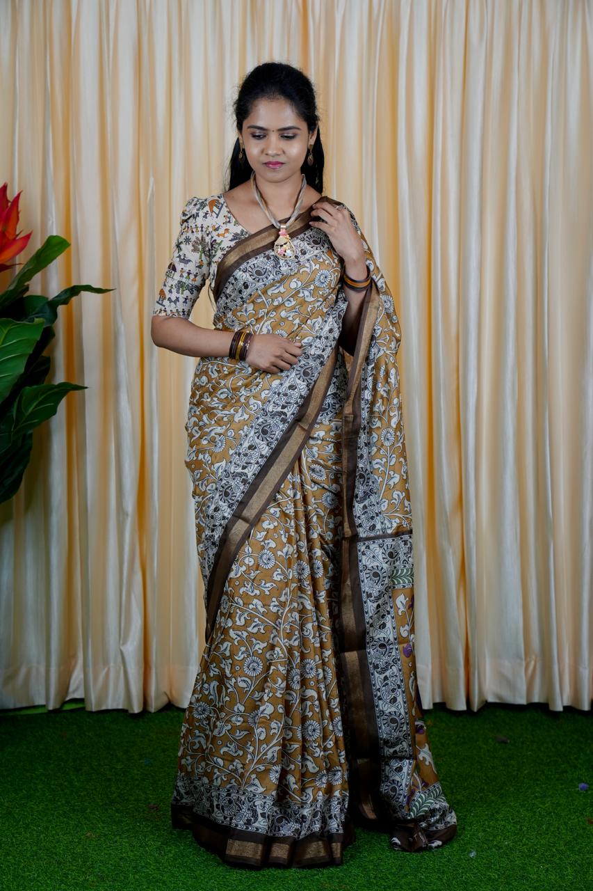 Mul mul cotton saree.contrast kalamkari ❌