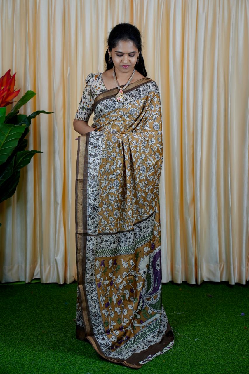 Mul mul cotton saree.contrast kalamkari ❌