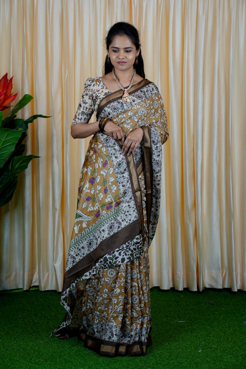 Mul mul cotton saree.contrast kalamkari ❌