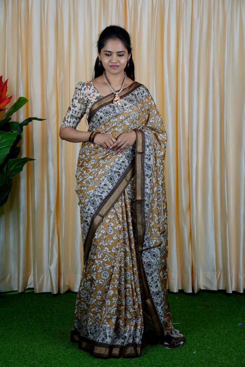 Mul mul cotton saree.contrast kalamkari ❌