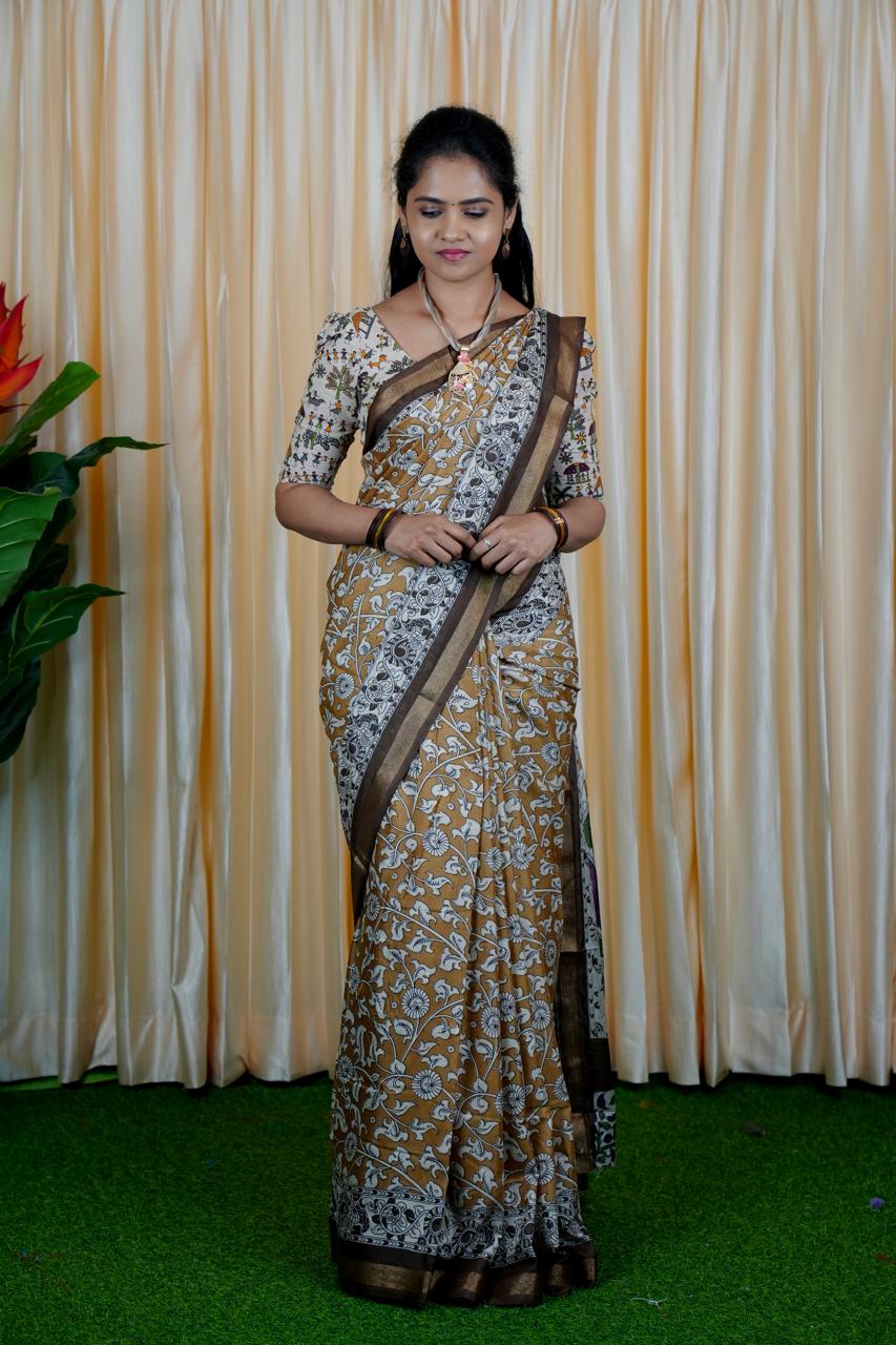 Mul mul cotton saree.contrast kalamkari ❌