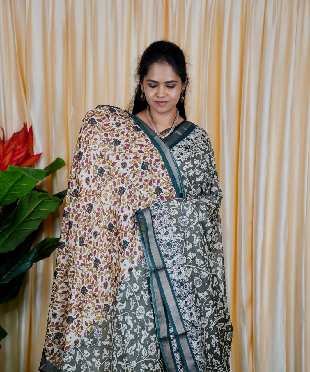 Mul mul cotton saree. contrast kalamkari 🍄✅🥳