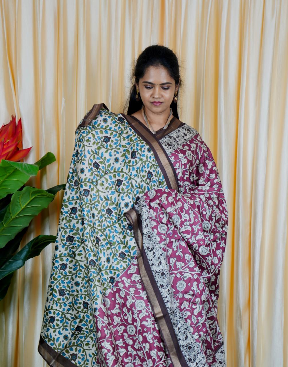 Mul mul cotton saree. contrast kalamkari 🍄✅🥳