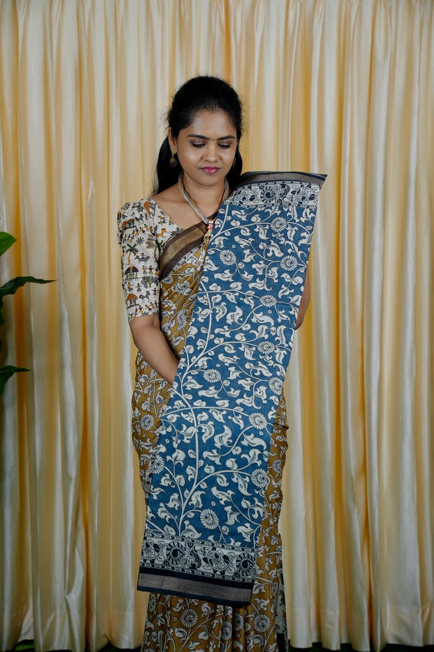 Mul mul cotton saree. contrast kalamkari blouse❌
