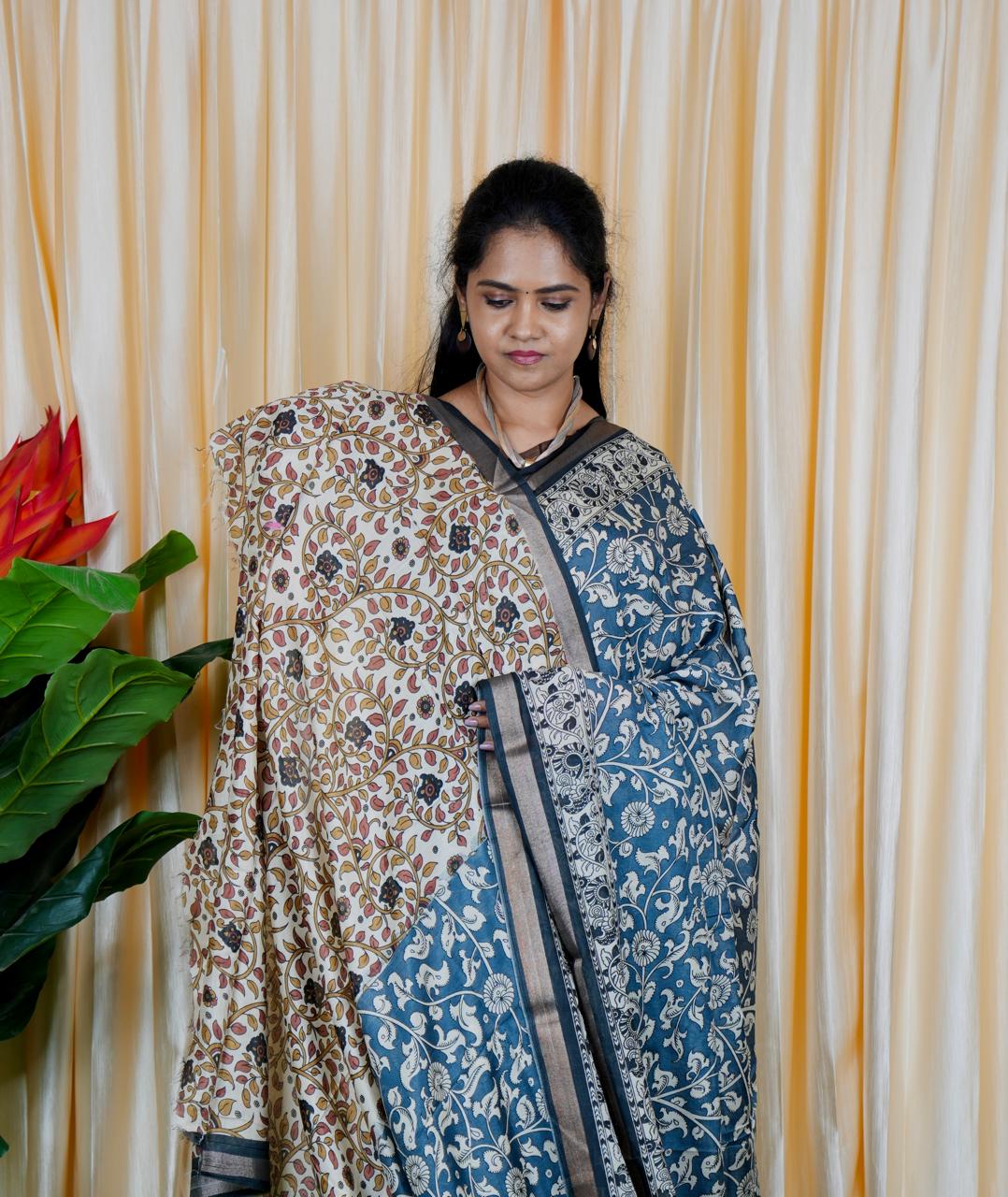 Mul mul cotton saree. contrast kalamkari blouse❌