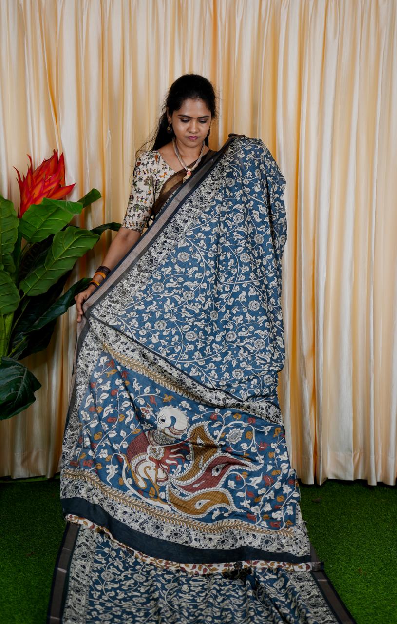 Mul mul cotton saree. contrast kalamkari blouse❌