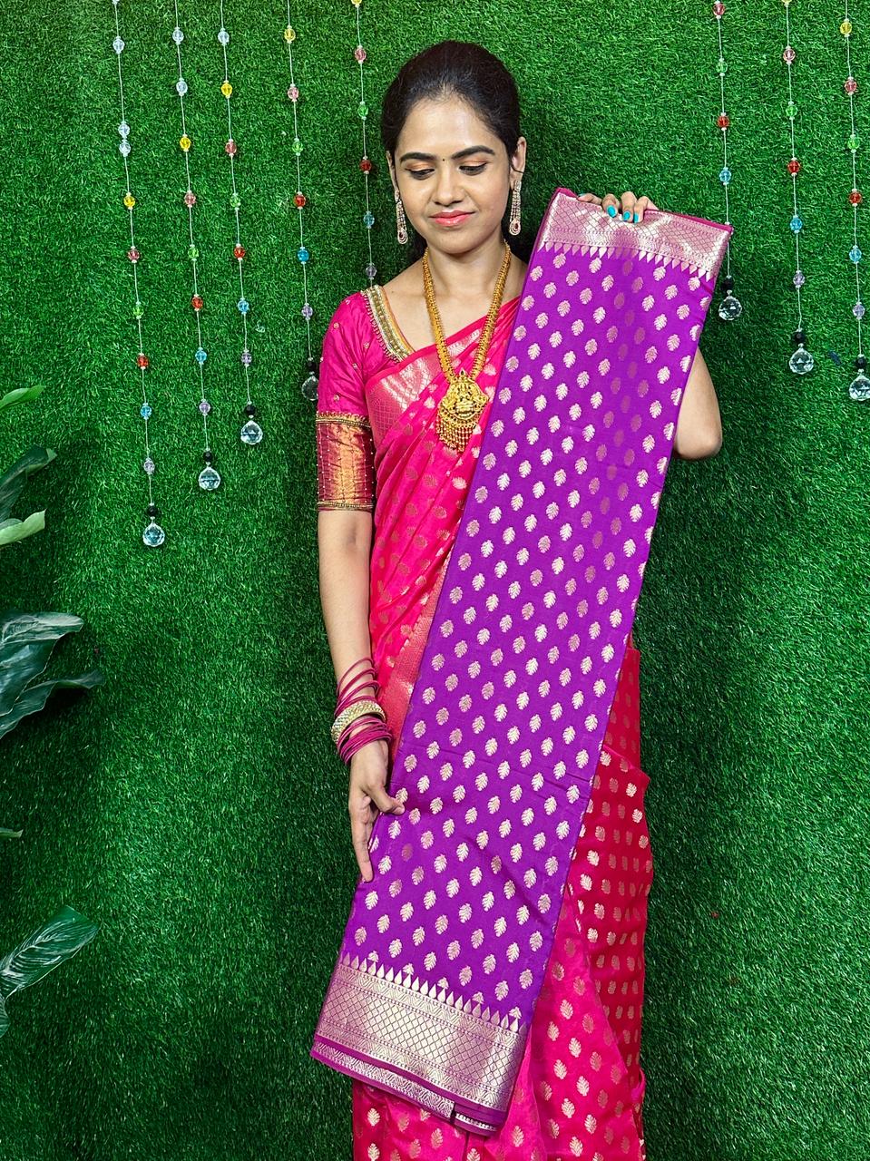 Semi katan silk sarees with zari weaving buttas allover