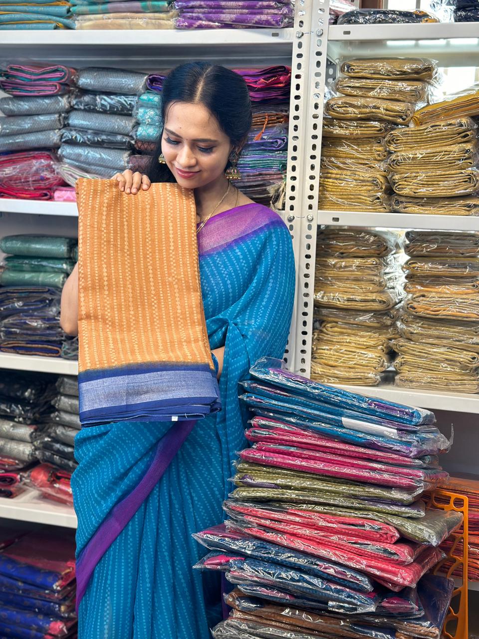 Linen cotton saree with contrast blouse
