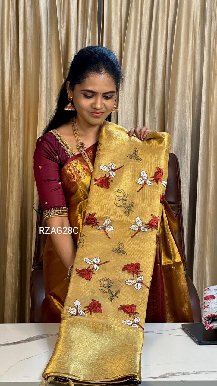 Embroidery tissue saree 🌹 RED ROSE prebook❌