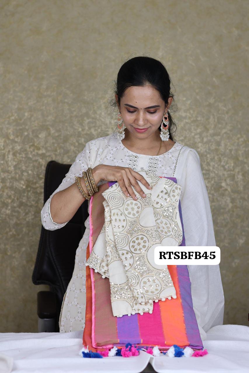 Soft linen cotton saree with readymade blouse❌