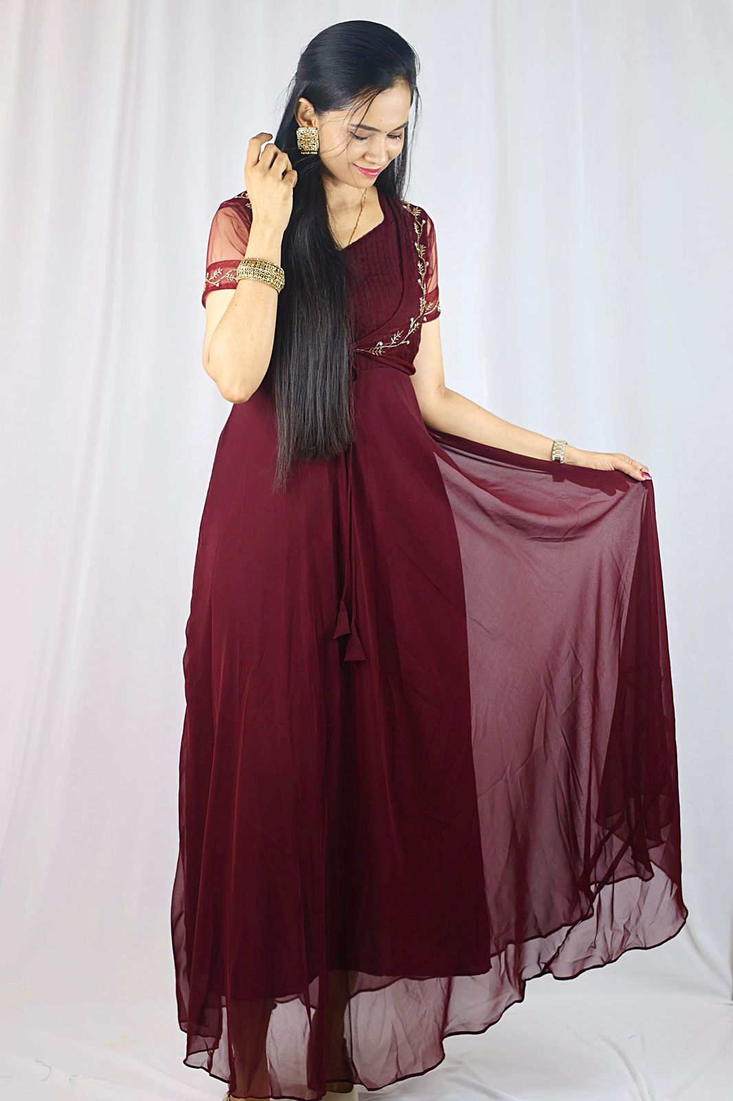 Chocolate brown long gown with handwork net material over coat. Length 53 inch prebook😍🥳