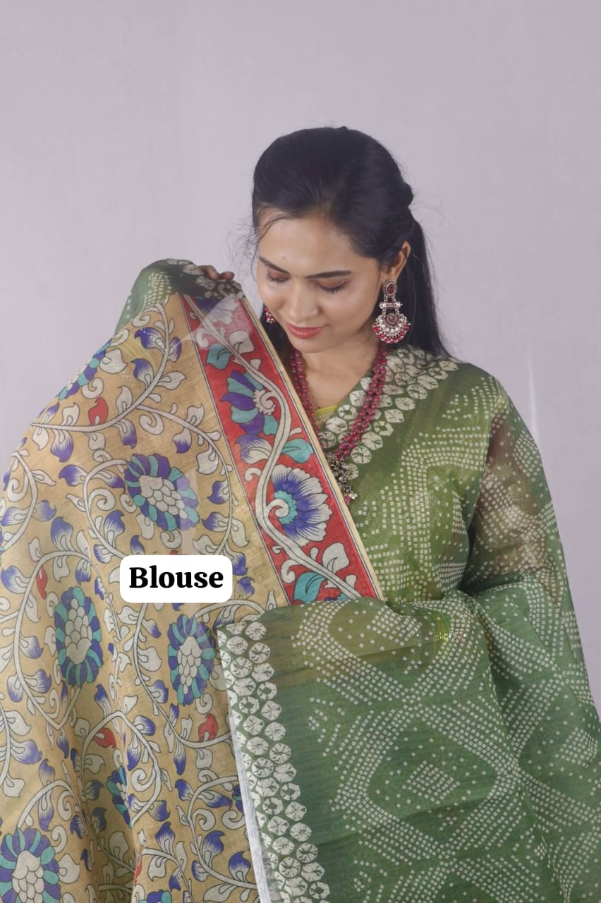 Aadi offer 🤩Chanderi linen saree with kalamkari blouse 😍