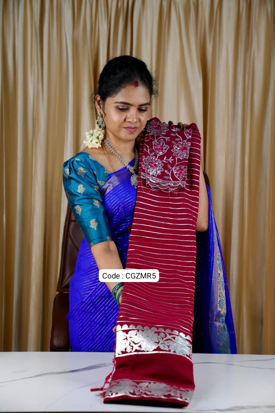 Georgette sarees with silver foil prints Red colour❌