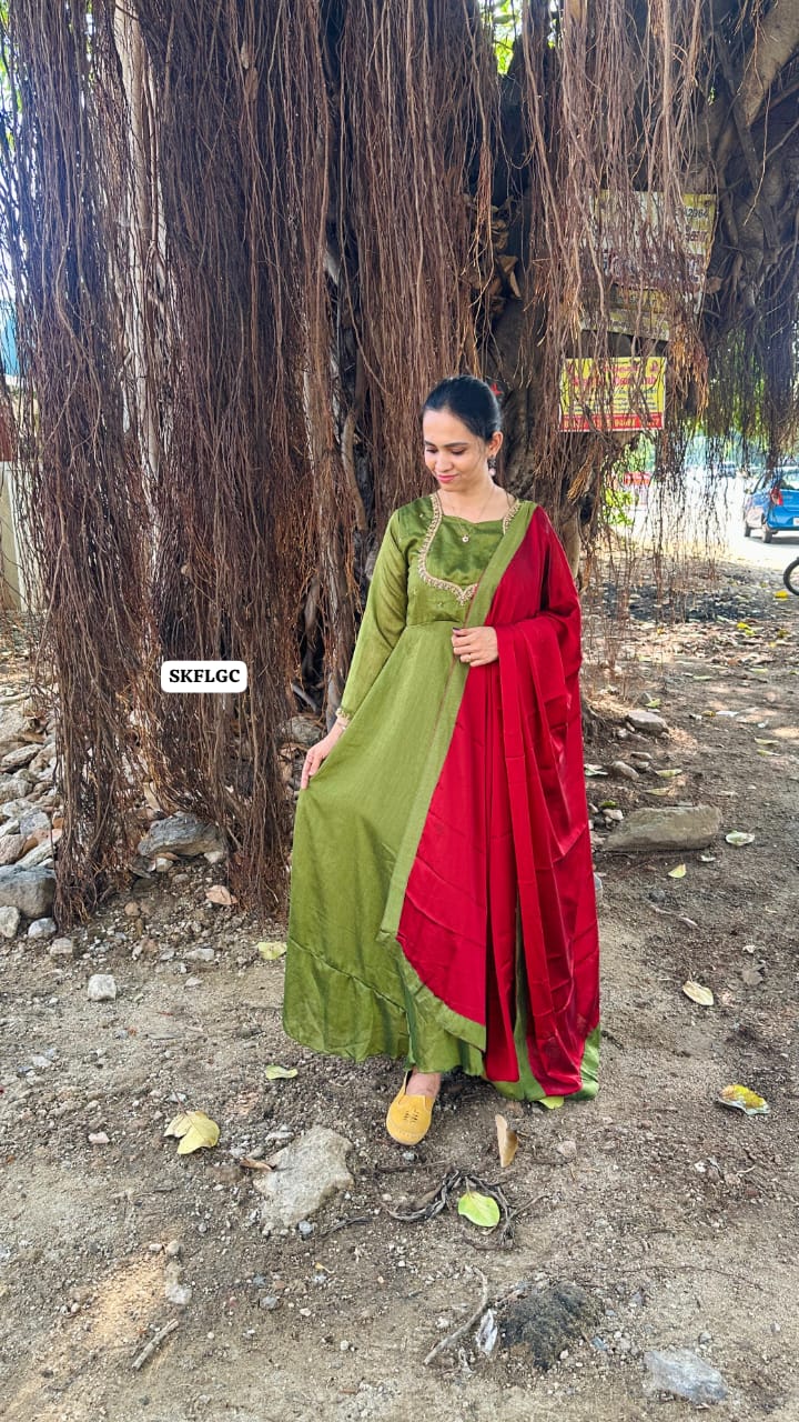 Fully stiched premium vichitra silk long gown with hand🥰🥳