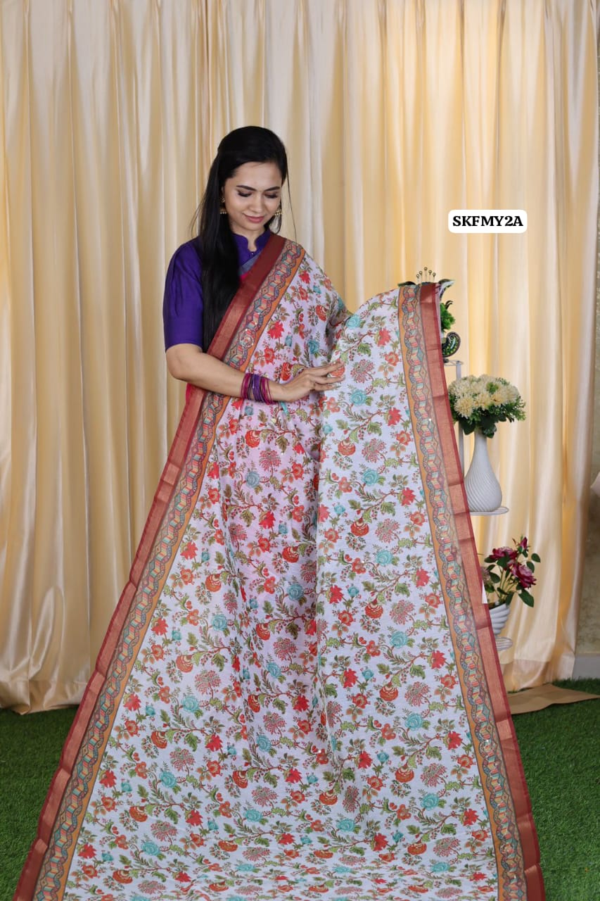 Malai cotton saree with Zari Sequence work and fabulous printed Blouse.❌