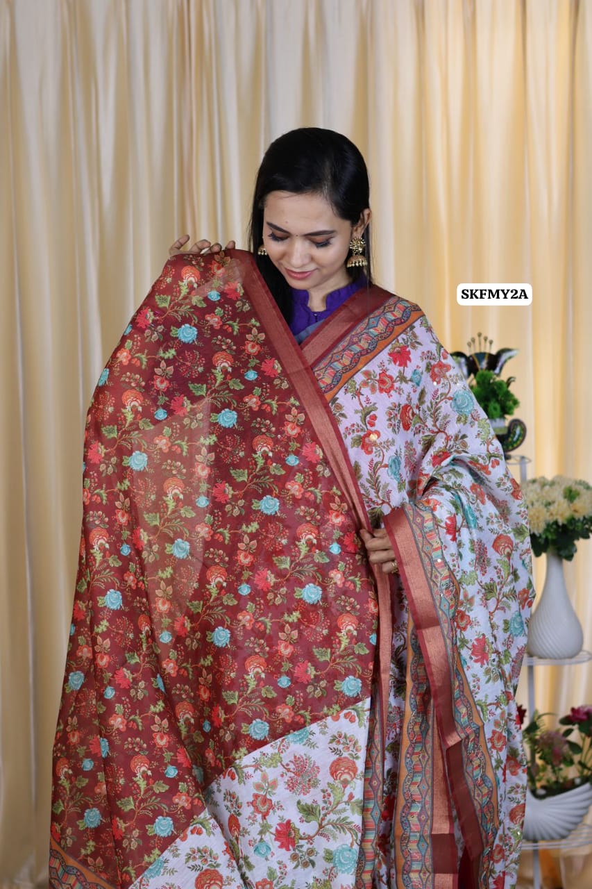 Malai cotton saree with Zari Sequence work and fabulous printed Blouse.❌