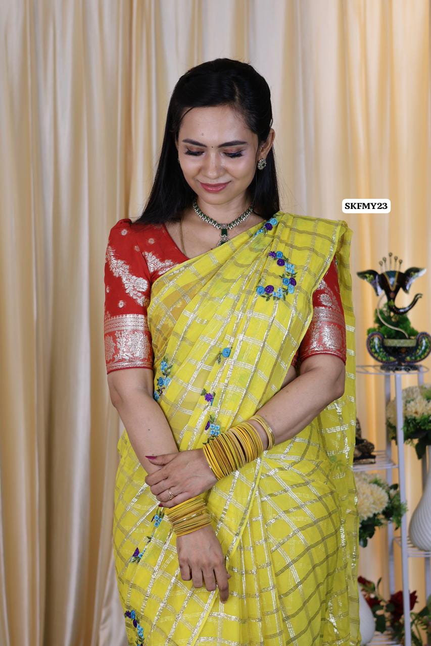 Viscose Georgette Saree With Embroidery and checks zari Work & contrast blouse ❌