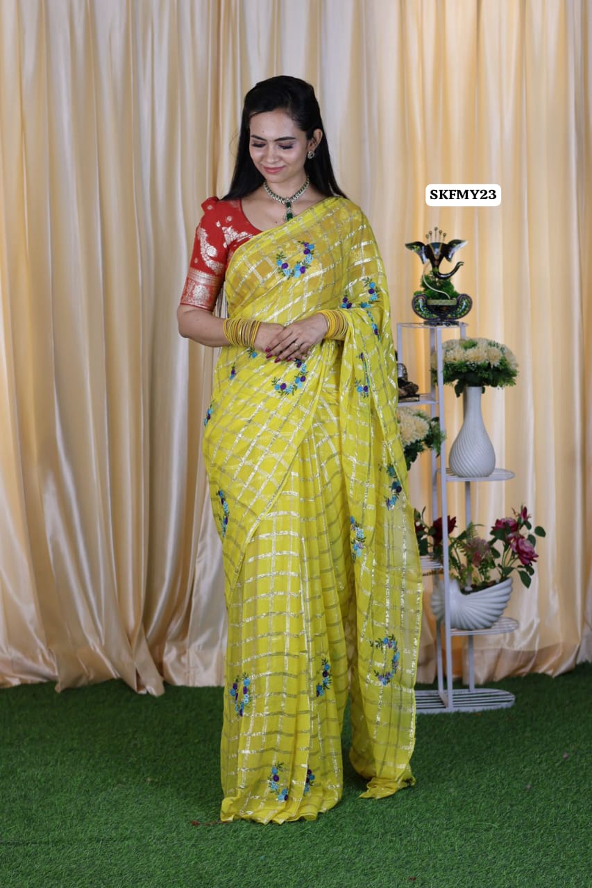 Viscose Georgette Saree With Embroidery and checks zari Work & contrast blouse ❌