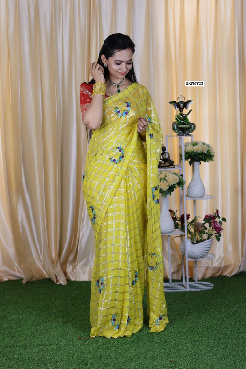 Viscose Georgette Saree With Embroidery and checks zari Work & contrast blouse ❌