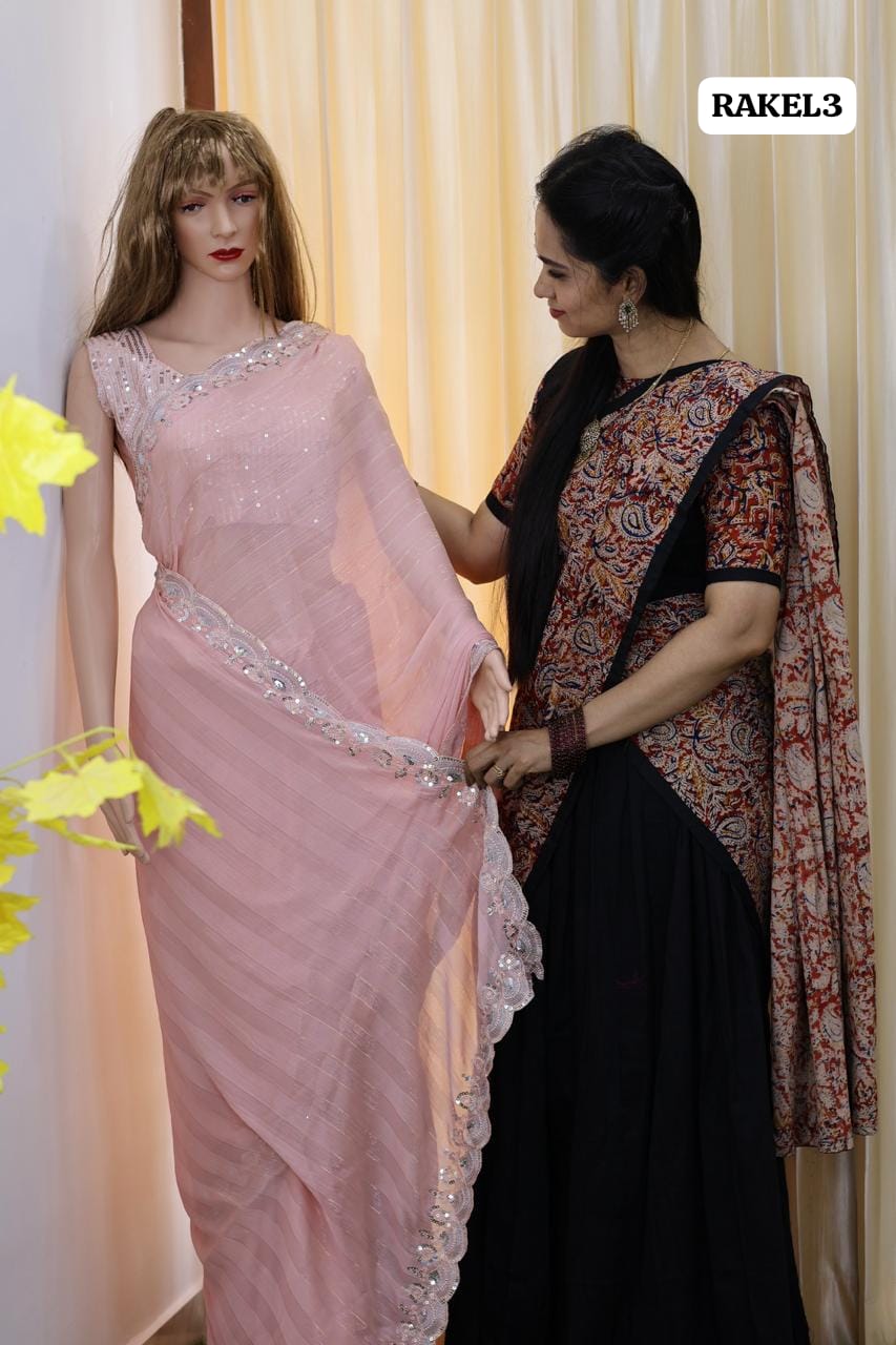 Buttery soft chiffon saree with heavy work blouse stitched with pad😍🥳