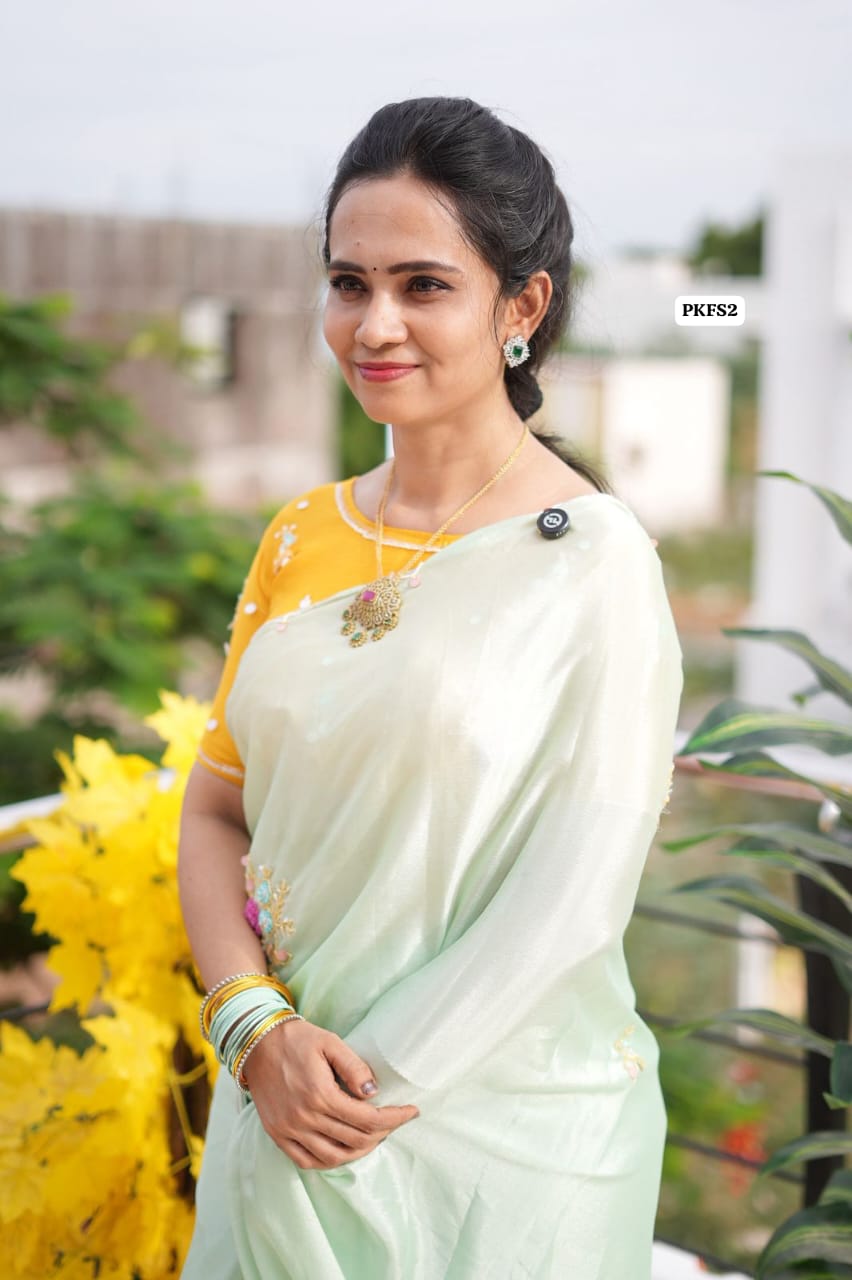 Chinnon silk saree with readymade blouse .heavy handwork zardosi and organza rose petals 😍🥳